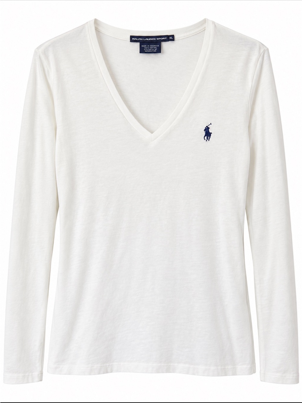 Ralph Lauren White V-Neck Long Sleeve Tee with Navy Pony